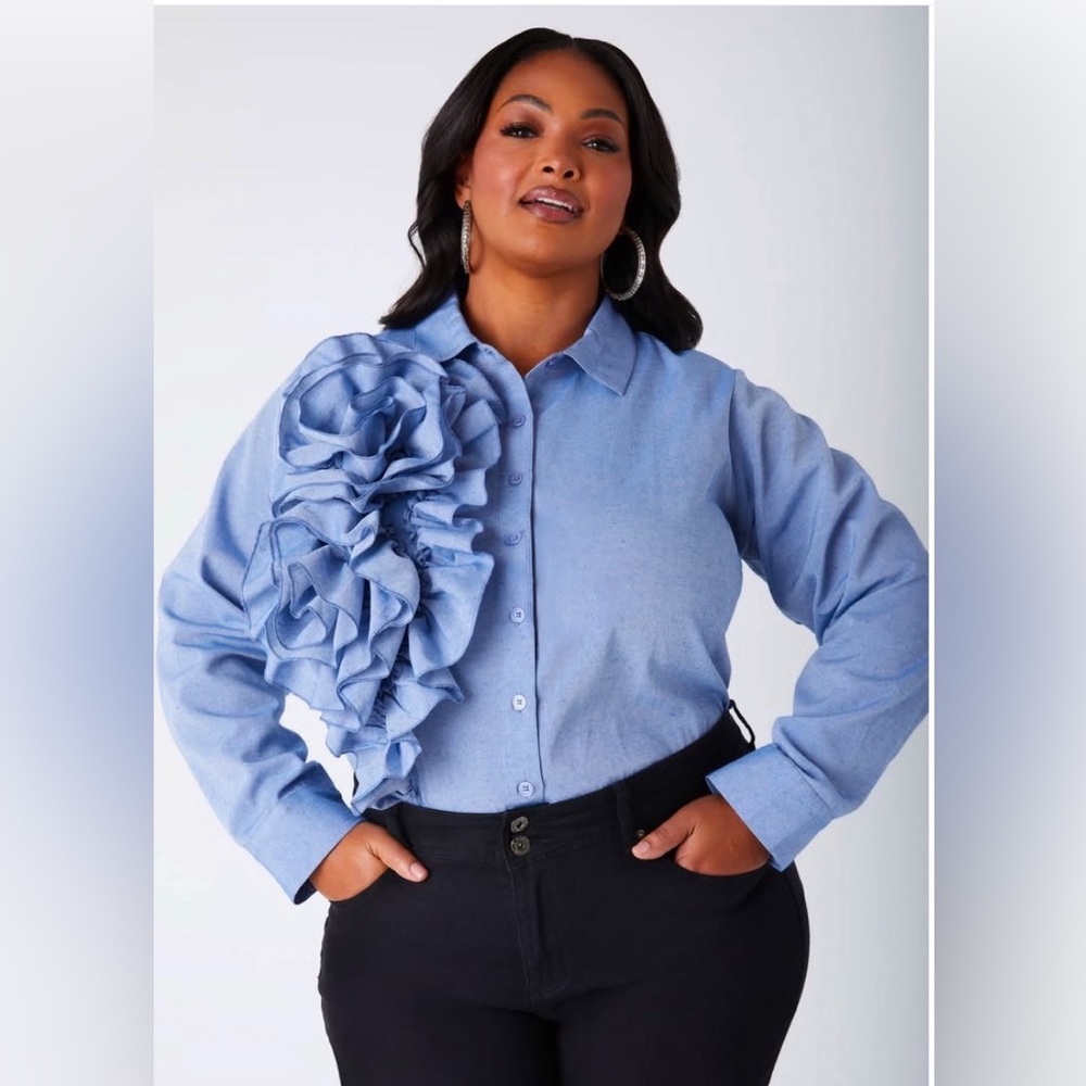 Ashley Stewart Light Blue Ruffled Button Down Shirt